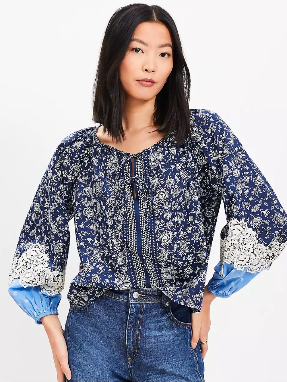 LOFT Lace Paisley Blouse Peasant Top Cotton Boho Cottagecore Americana Natural